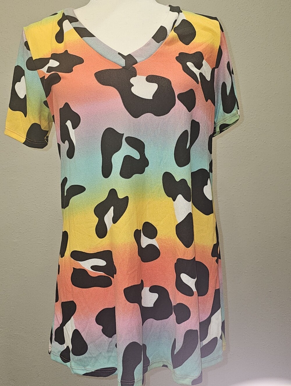 NWOT-Rainbow Leopard Print V-Neck Women's Top